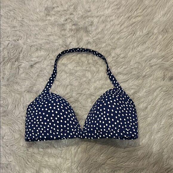 Lands end navy blue and white polka dot nylon halter style swimsuit top - Picture 1 of 3